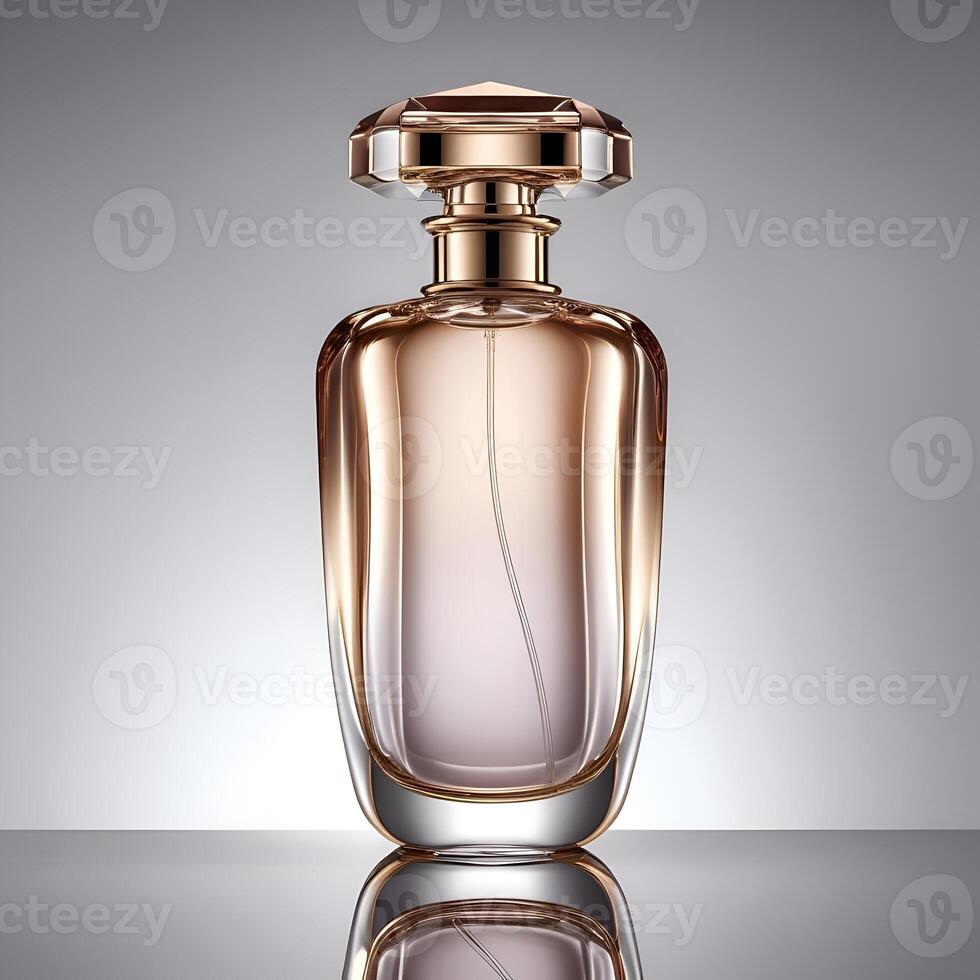A sleek and elegant luxury perfume bottle with a glossy glass finish and gold accents. photo