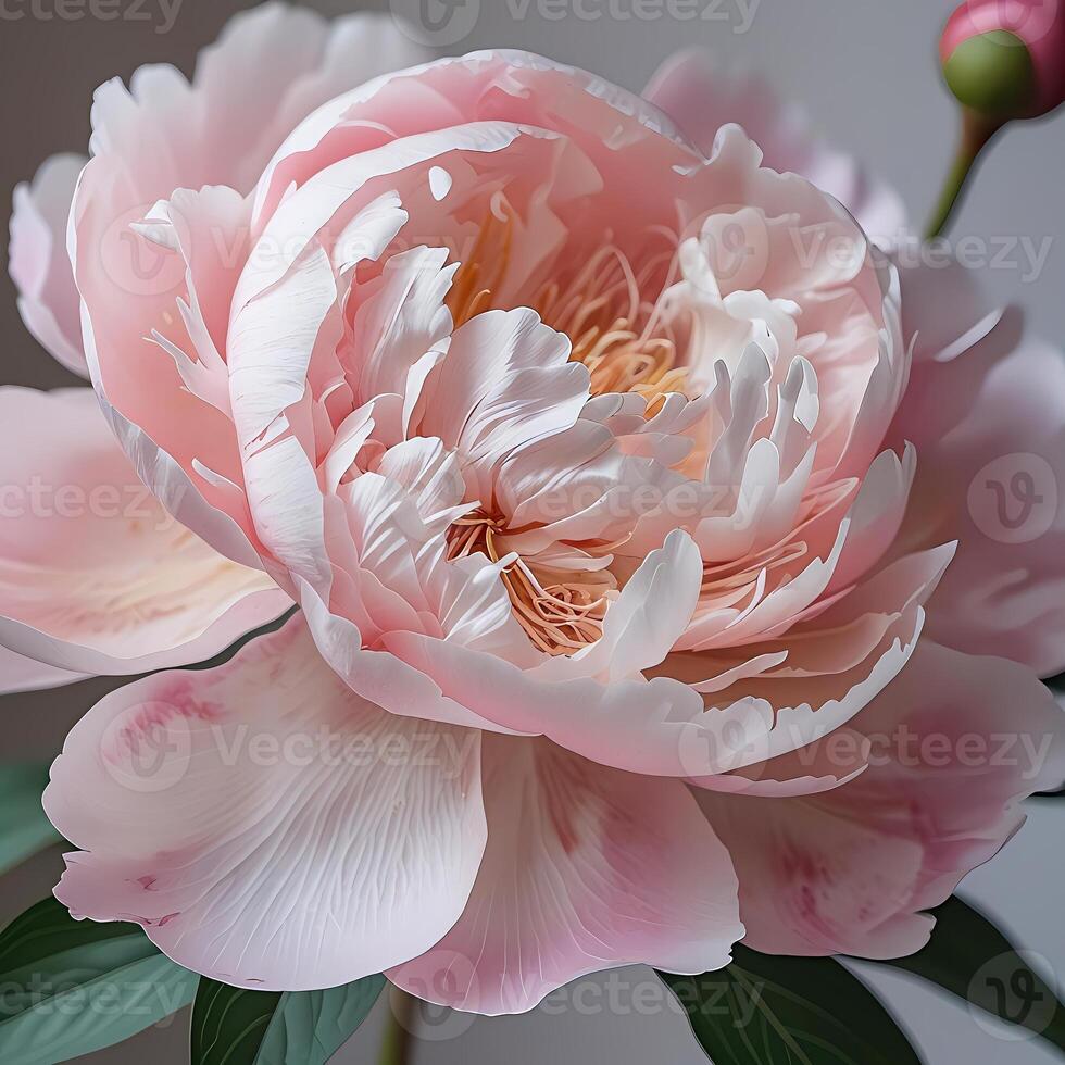 A beautifully detailed pink peony flower in full bloom, showcasing delicate, soft petals with a realistic texture. photo