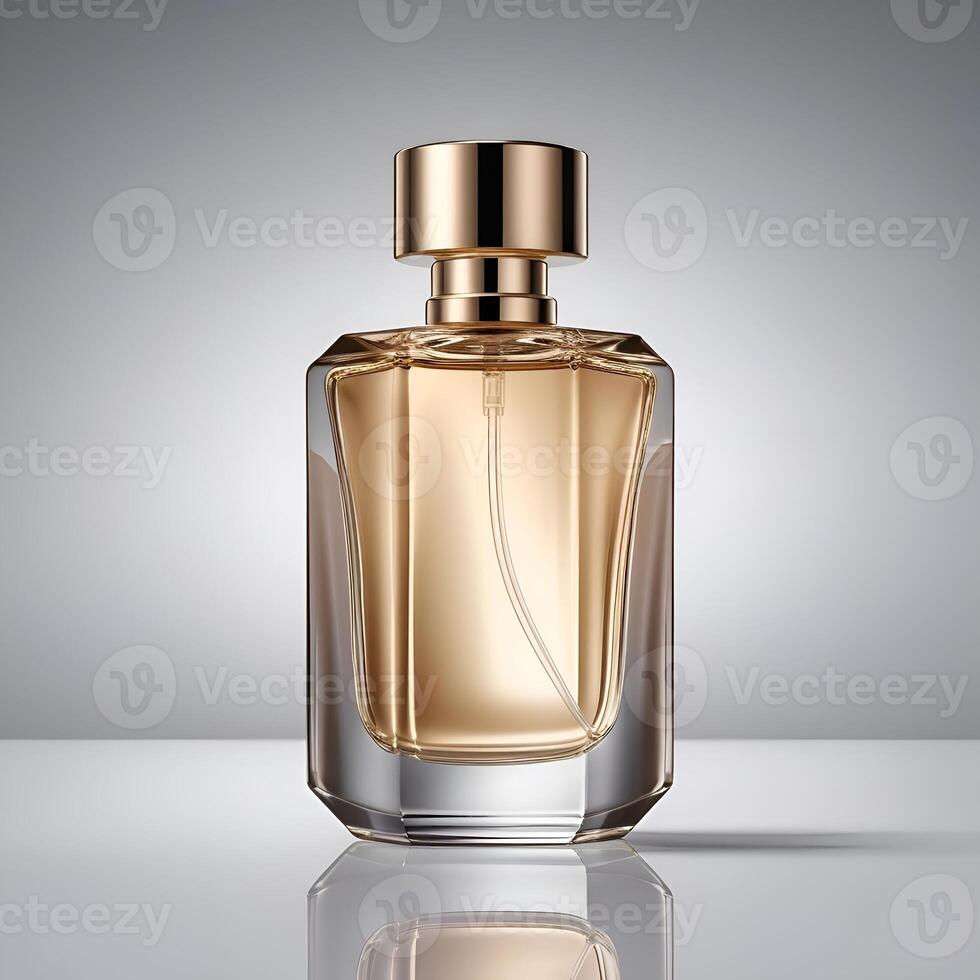 A sleek and elegant luxury perfume bottle with glossy glass finish gold accents. photo