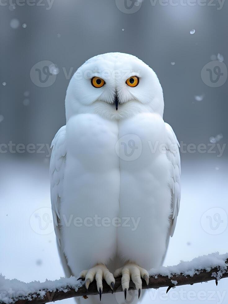 A majestic snowy owl sits perched on a frost-covered branch, its piercing yellow eyes staring into the distance photo