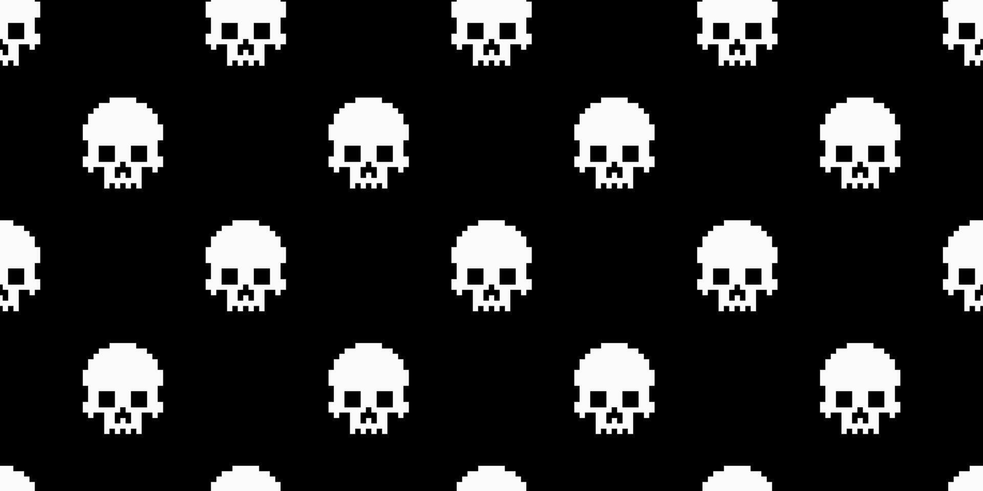 Pixelated white skull seamless pattern on black background in 8 bit retro style. Nostalgic gaming and cyber aesthetic, perfect for digital art, wallpapers, and Halloween designs. illustration. vector