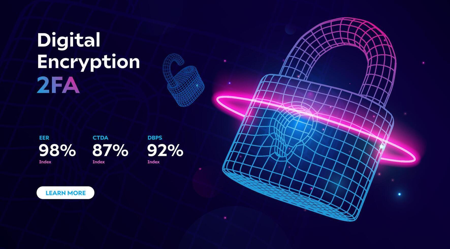 Futuristic digital padlock representing cybersecurity, encryption, and data protection. Wireframe lock with two factor authentication concept. Cyber defense, online security. illustration. vector