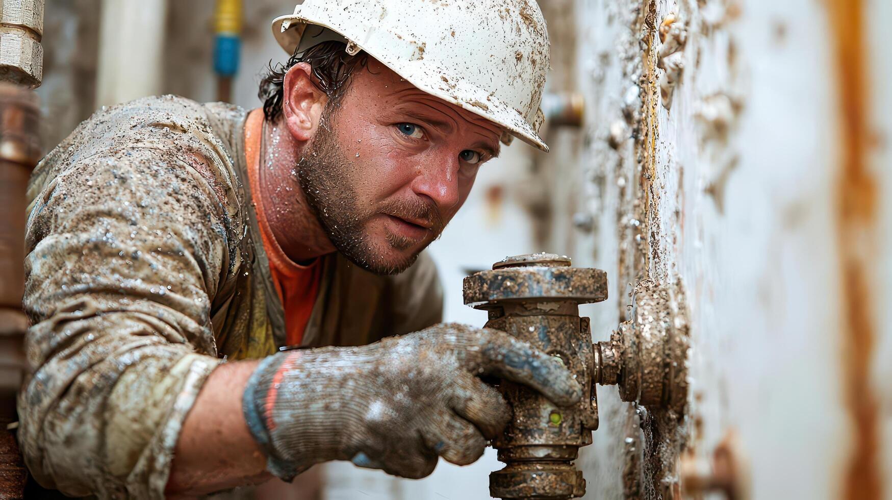 A man in a hard hat and overalls is fixing a valve photo