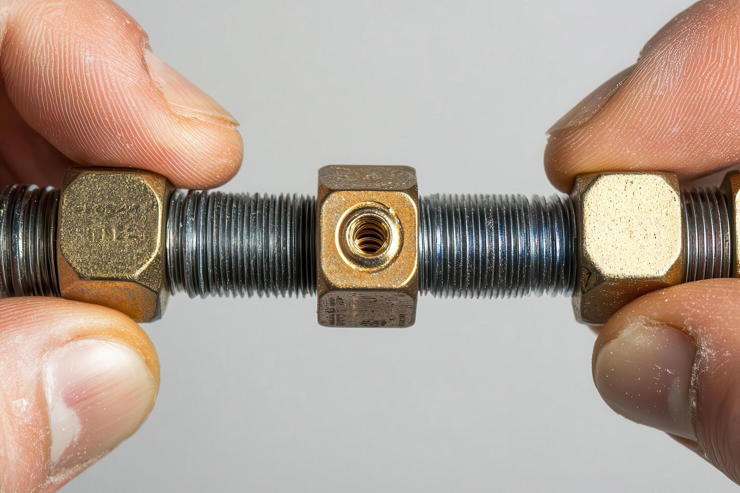 A person holding a brass nut and a metal pipe photo