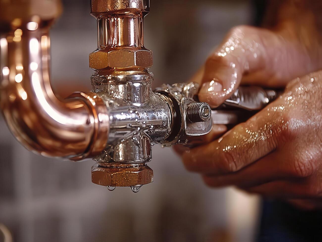 A man is fixing a copper pipe with a wrench photo