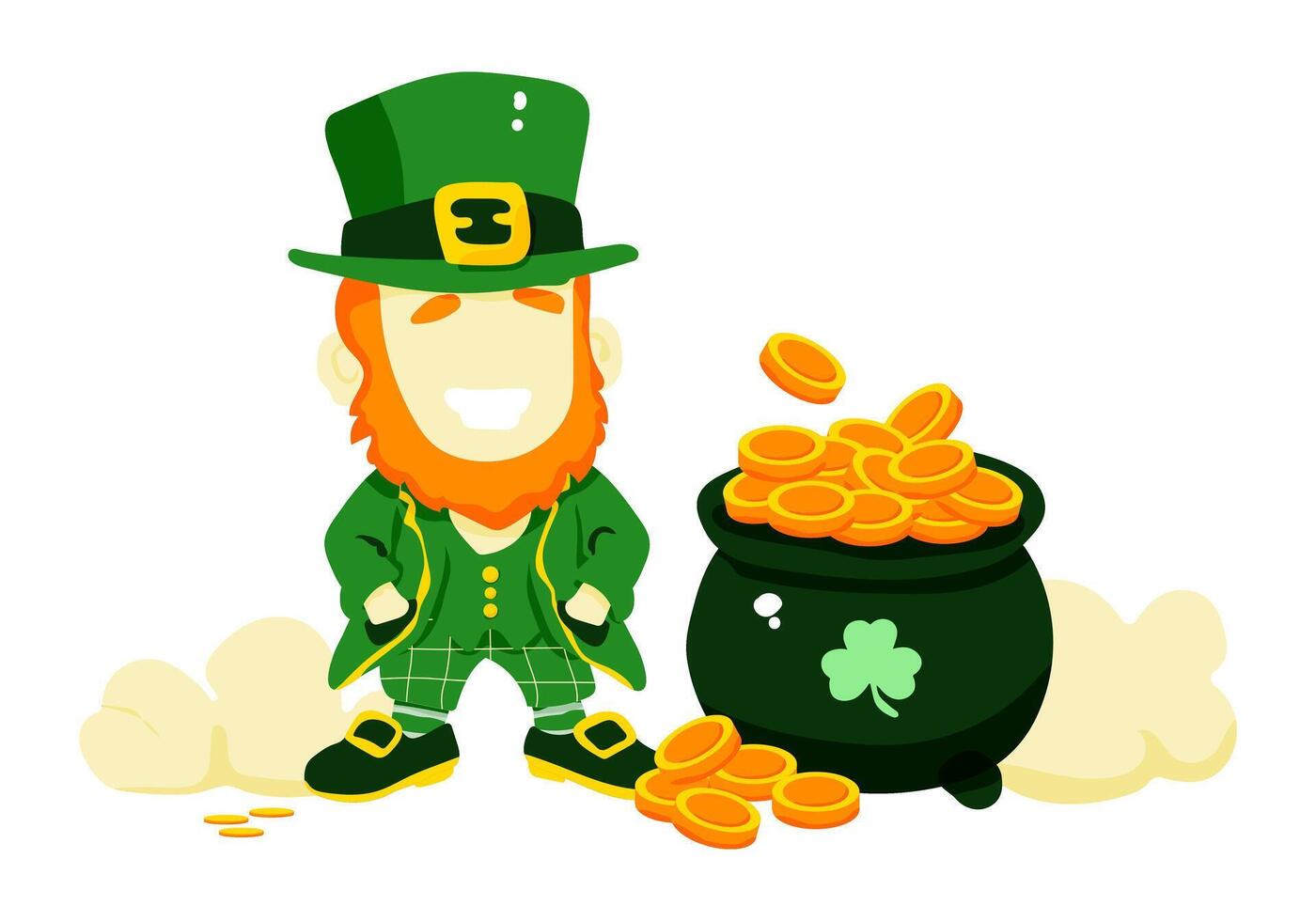 A cartoonish depiction of a man in a green hat and vest standing next to a large green pot filled with gold coins vector