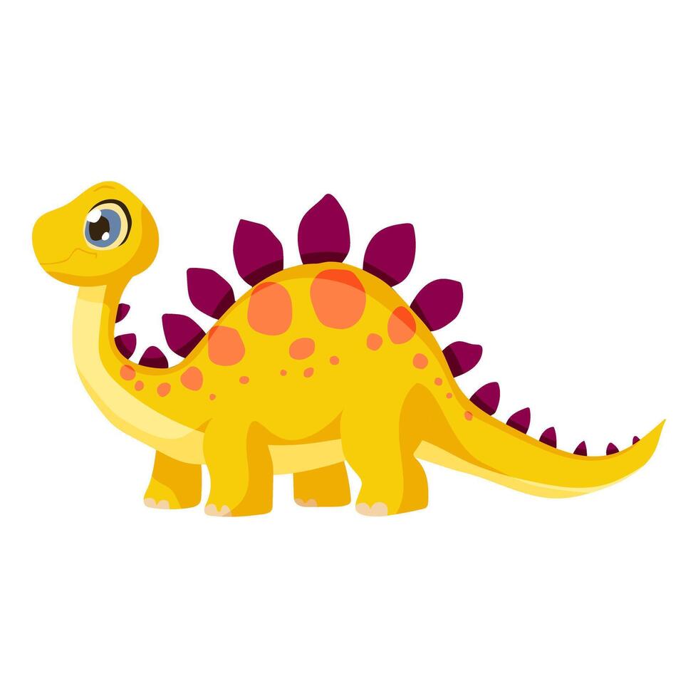 A yellow dinosaur with purple spots and pink stripes. It has a smile on its face. The dinosaur is standing on a white background vector