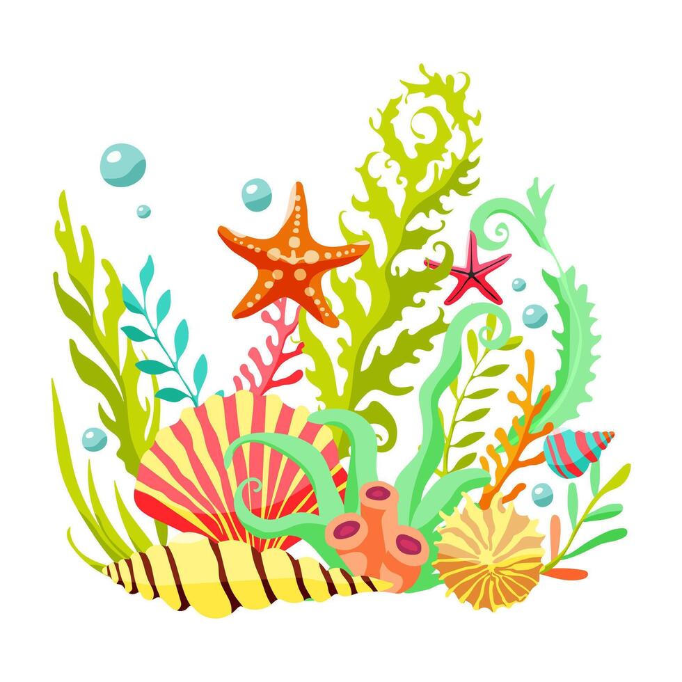 A colorful underwater scene with a starfish, a sea urchin, and a shell. The image has a vibrant and lively mood, with the bright colors of the sea creatures and the lush green seaweed vector