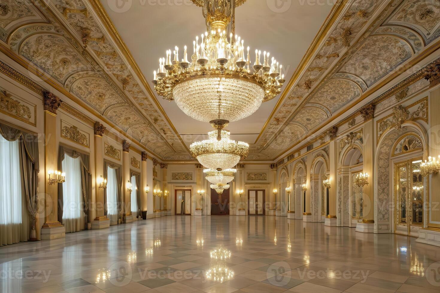 Regal ballroom with grand chandeliers and gold accents, intricate architectural details and polished marble floors photo