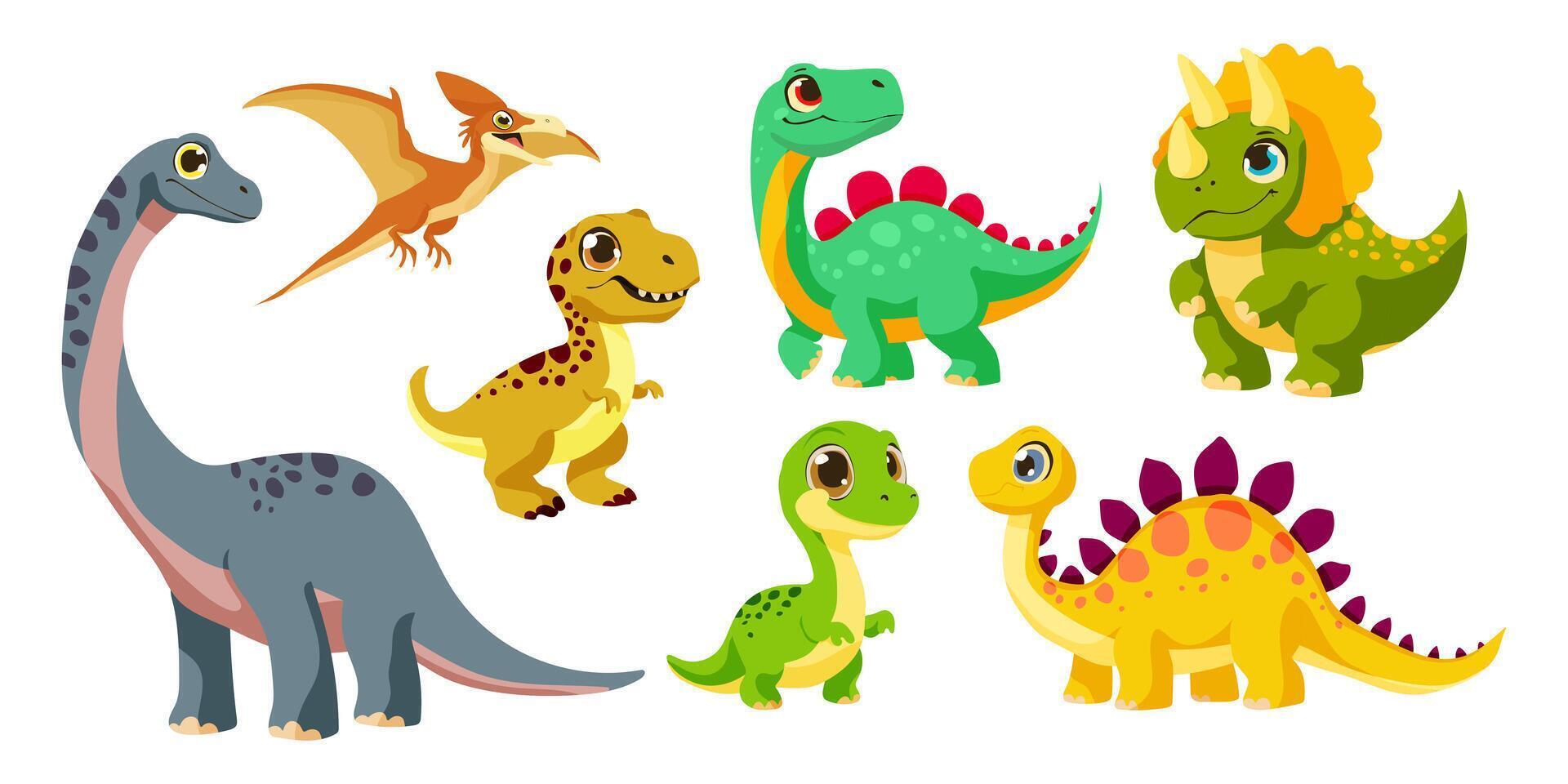 A group of cartoon dinosaurs, including a T-Rex, a Triceratops, and a Stegosaurus vector