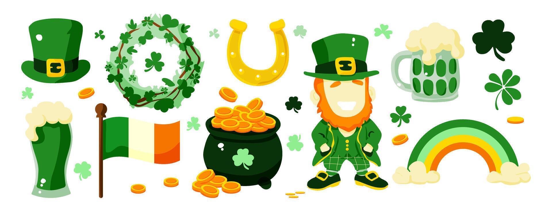 A collection of Irish symbols and objects, including a clover, a shamrock, a pot of gold, a leprechaun, a rainbow vector