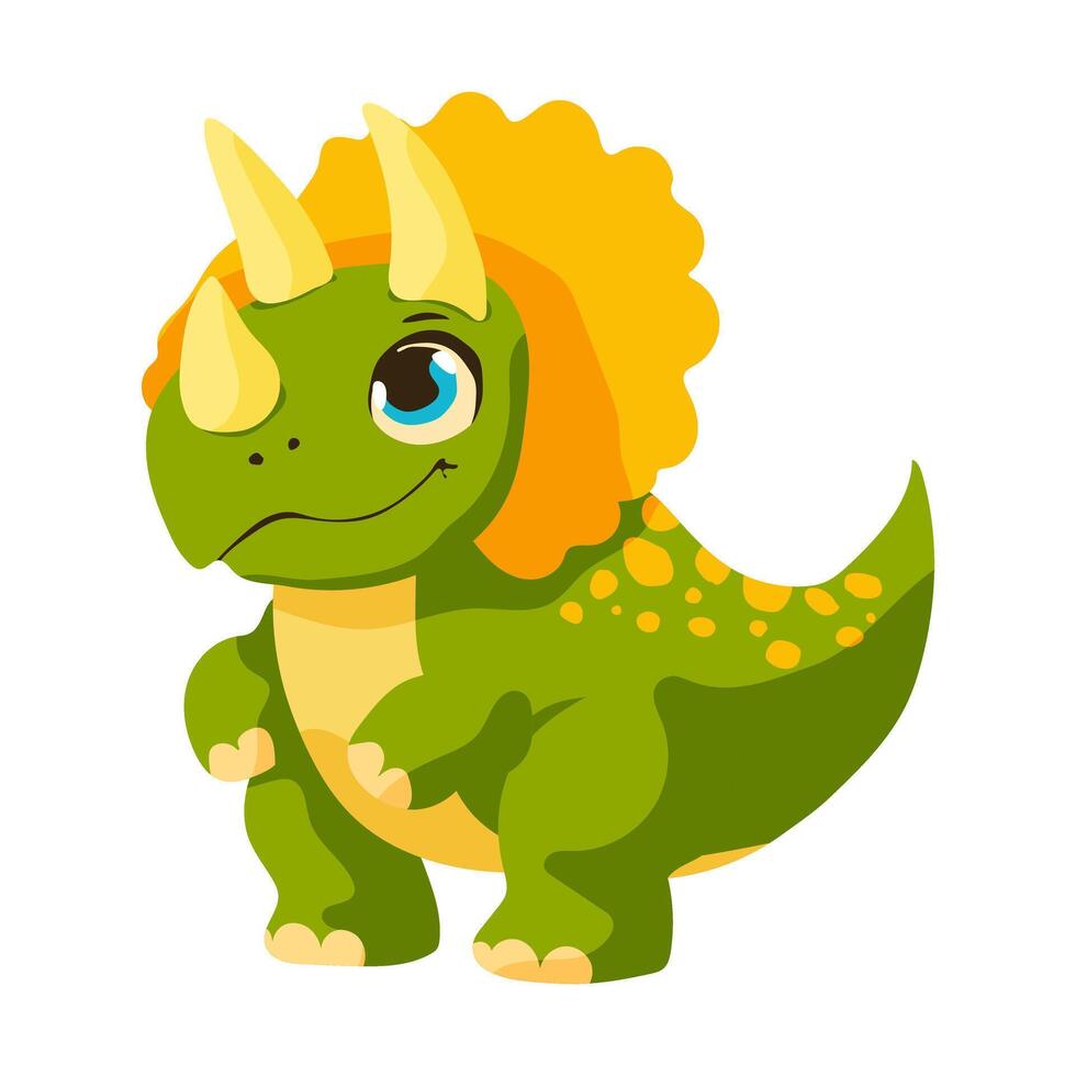 A cartoon dinosaur with a yellow and green head and a green body. It is smiling and looking at the camera vector