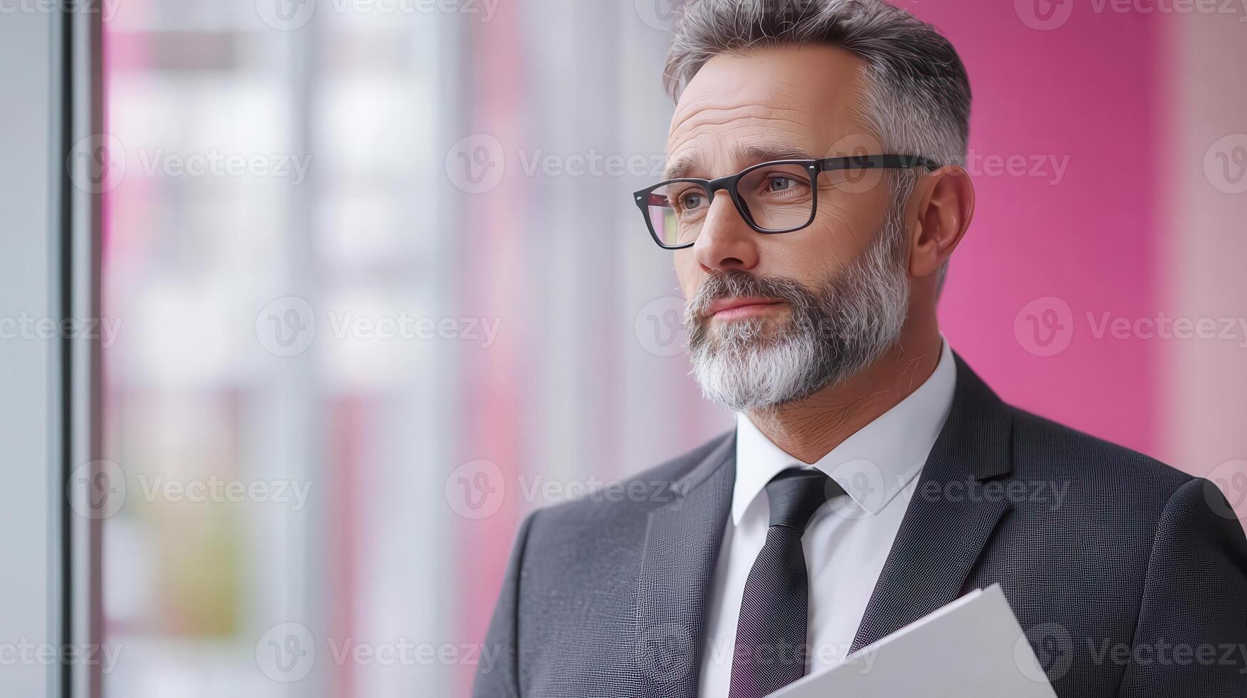 A man with a beard and glasses is standing in front of a window photo