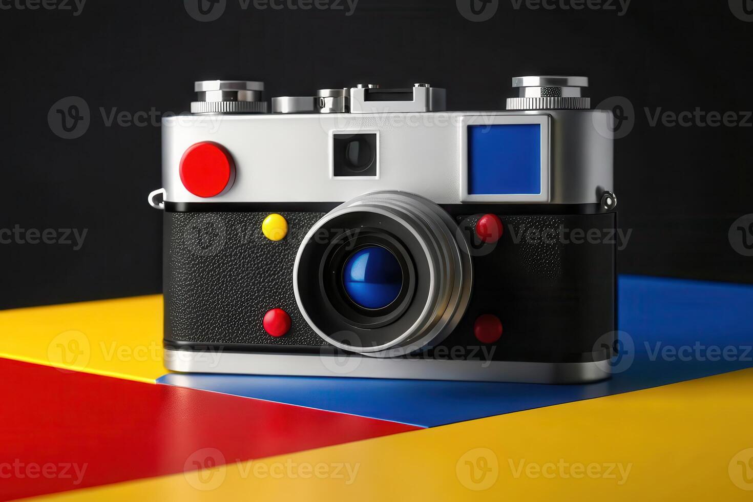A camera with red, blue and yellow buttons on it photo