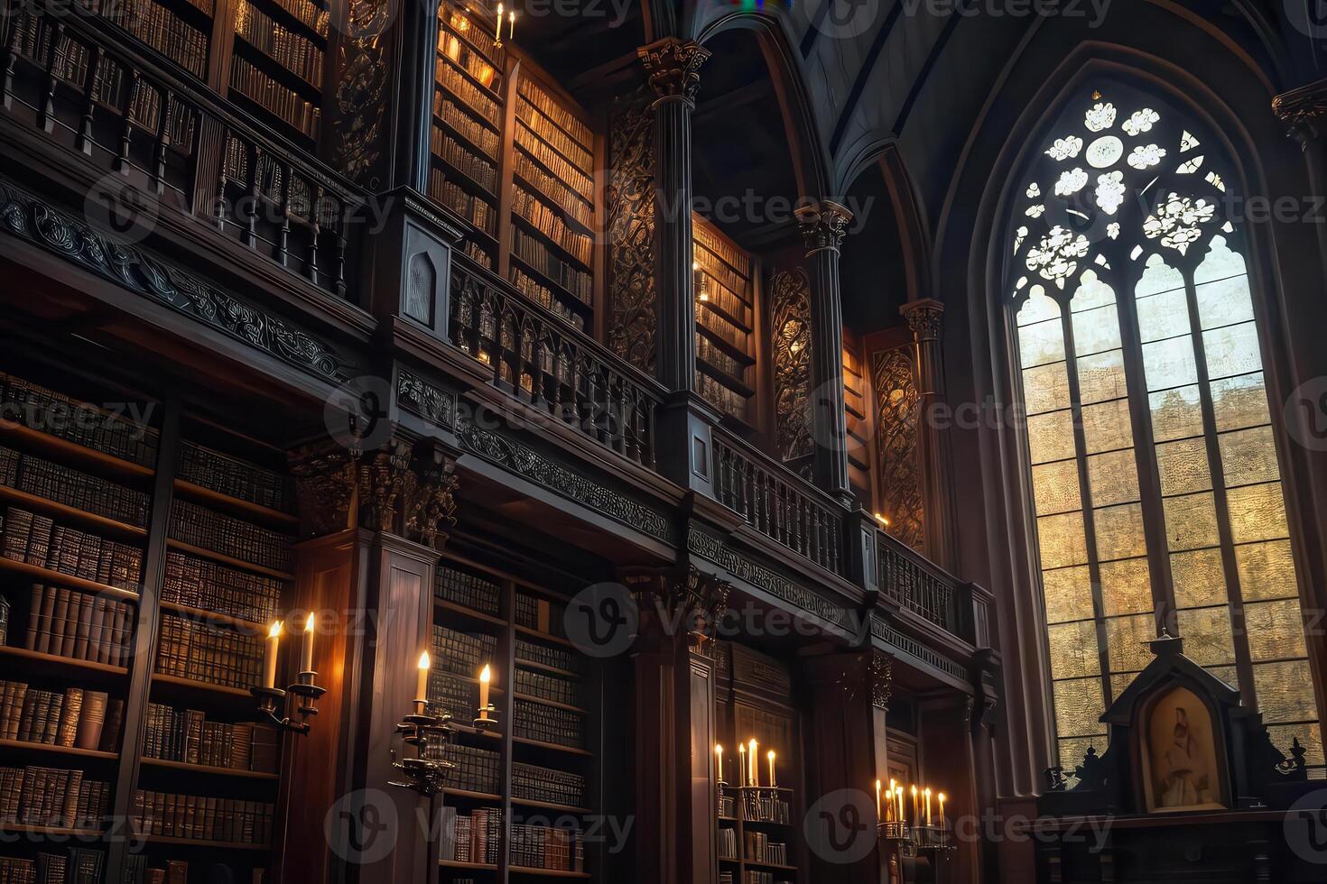 The interior of a library with a large window photo
