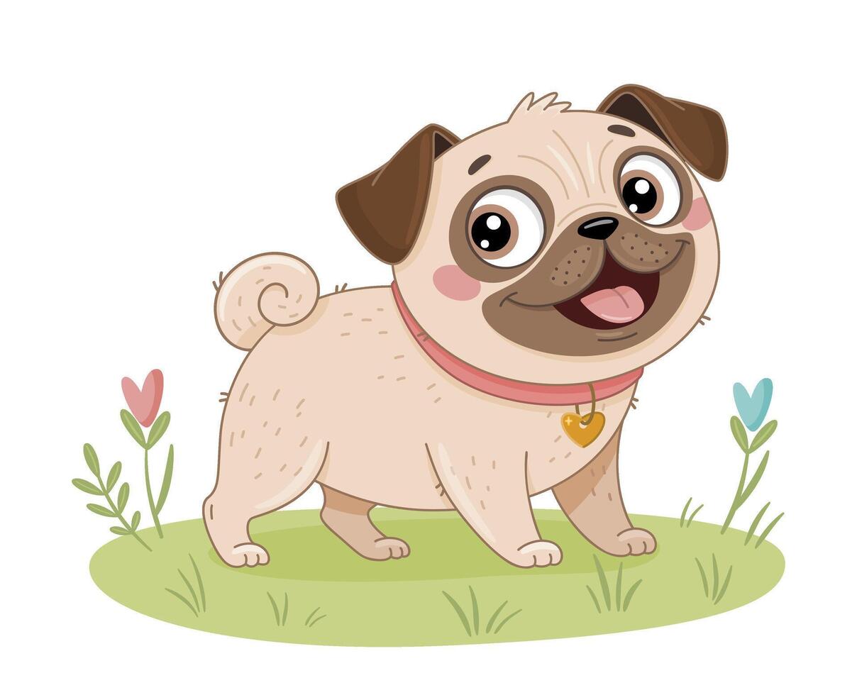 Adorable cartoon pug. Small dog friendly and happy. Simple design, Hand Drawn flat style. Perfect for childrens books, pet products, or animated content. Happy, friendly and affectionate dog vector