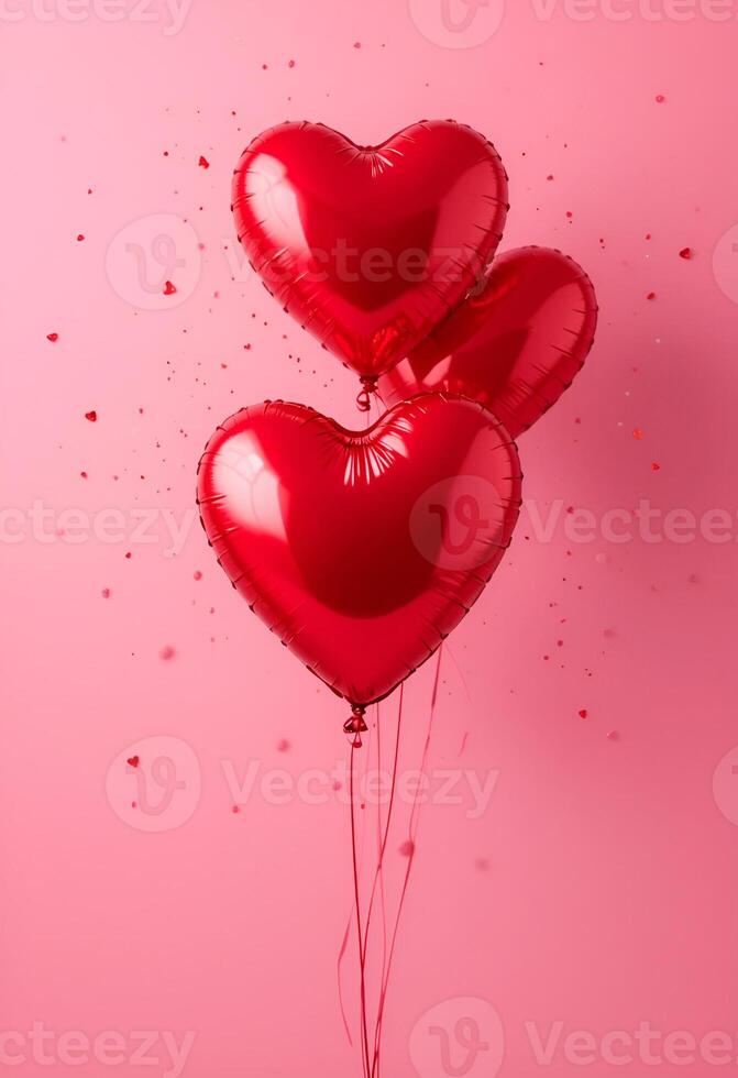 The vertical template is pink. Inflatable balloons in the shape of a heart.Place for the text photo