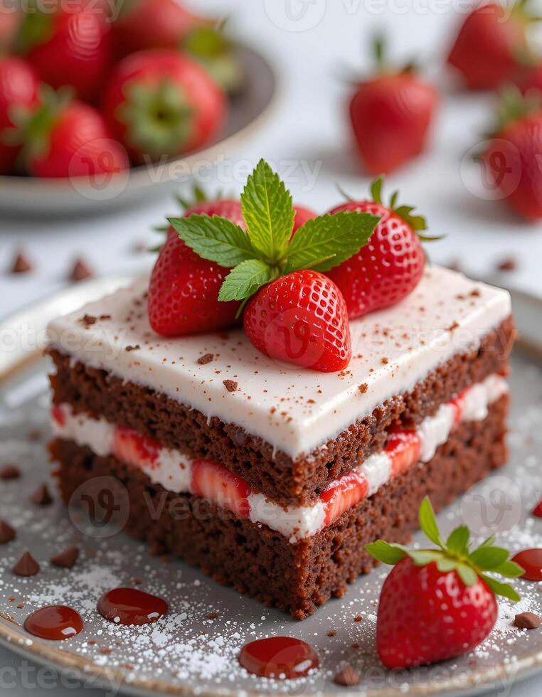 cake, cheesecake with strawberries on white plate with a golden border. Sponge cake layers, cream, strawberry slices, powdered sugar and fresh mint create the perfect dessert. on a white background photo