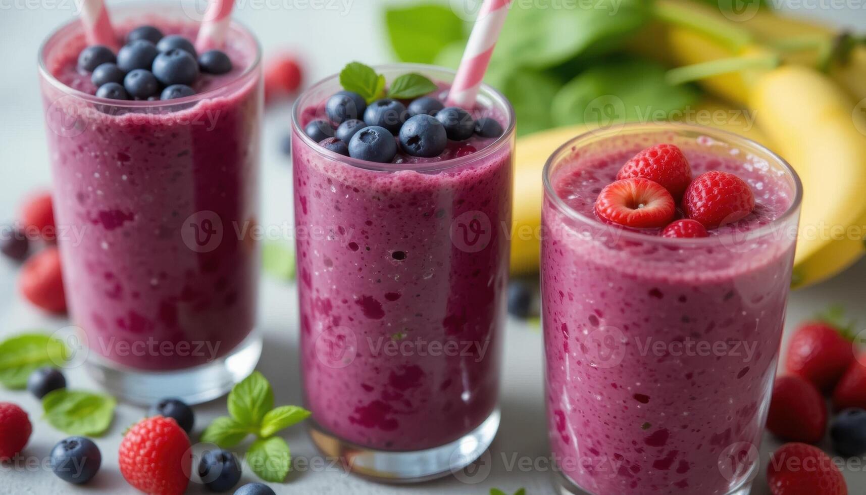 tall glasses with smoothies of different colors, red, brown and green. Each one is decorated with greenery and straws, next to fresh fruits and vegetables, herbs. Everything is on a wooden table, photo