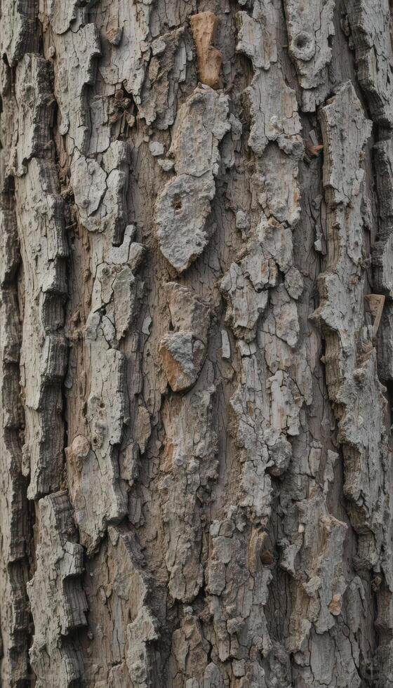 close up of the gray bark of a tree with deep cracks and raised protrusions. The structure and texture create a unique pattern, background photo