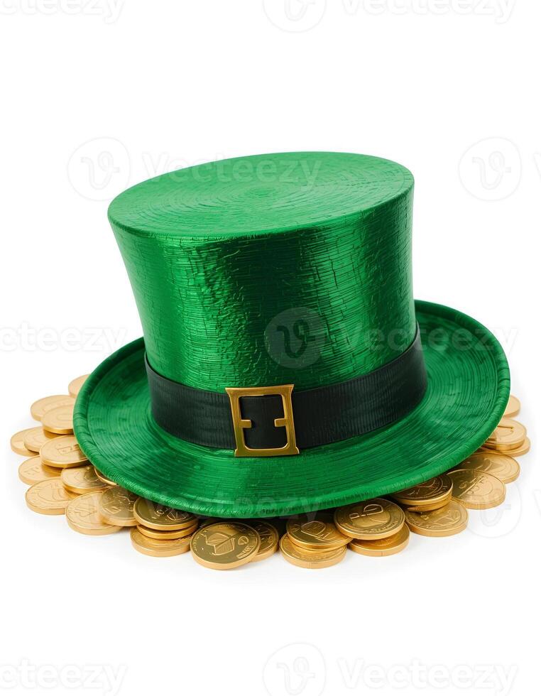 green leprechaun hat nestled on a shiny pile of gold coins. On a white background photo