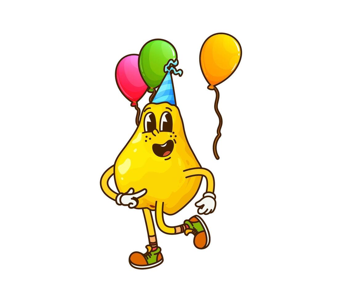 Cartoon groovy quince or pear fruit on fun party vector