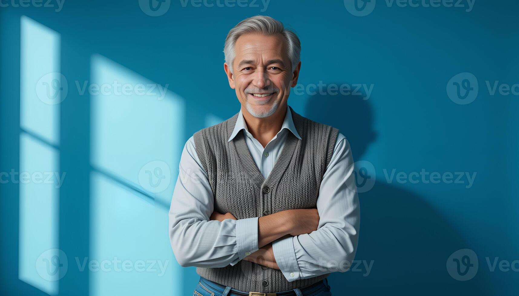 smiling man in a grey vest and blue jeans. He stands against blue background with his arms crossed over his chest. The light from window is visible on background.The photo is made in calm colors