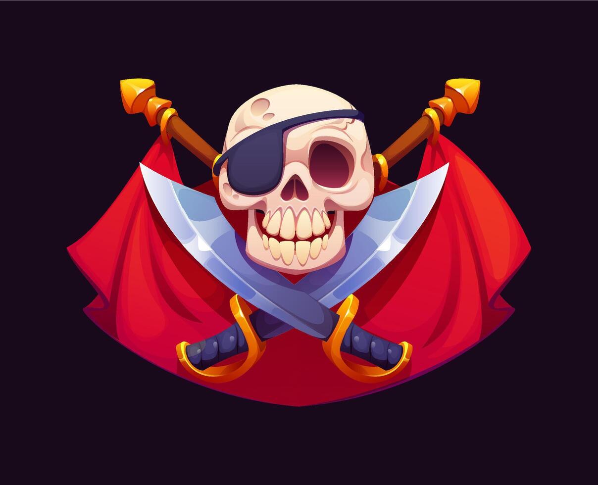 Heraldic pirate skull crossed sabers and red flags vector