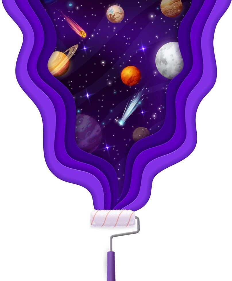 Paper cut space landscape slash and paint roller vector