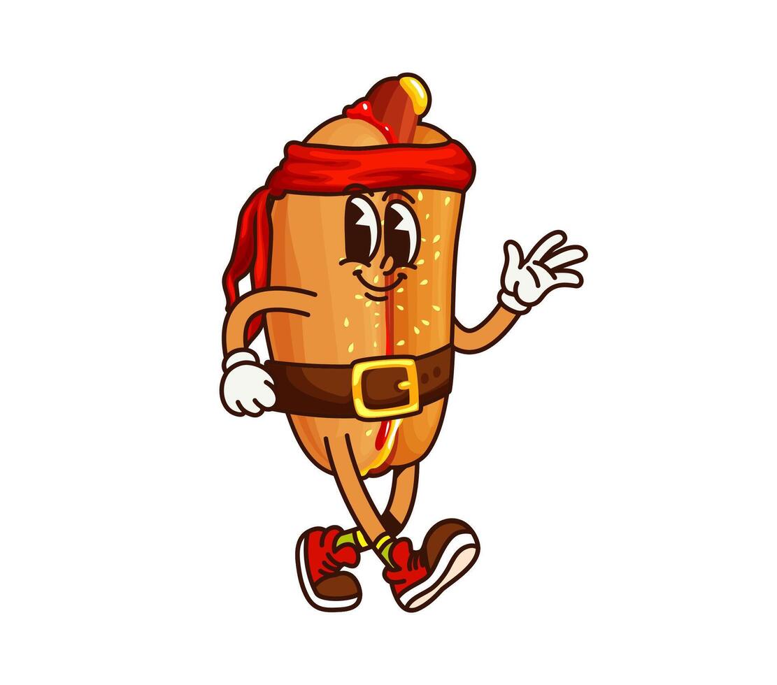 Cartoon groovy hotdog fast food pirate character vector