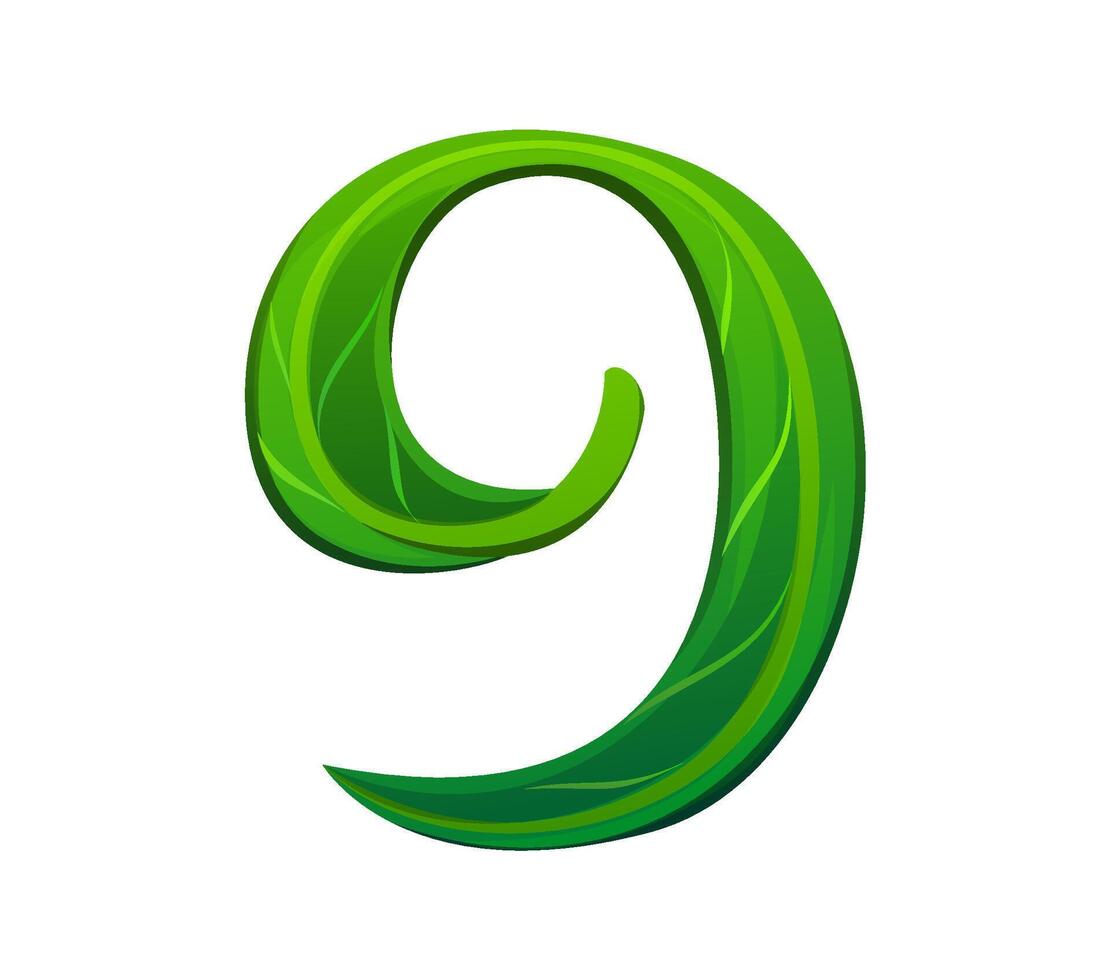 Tree green leaf font, garden typeset digit 9 nine vector