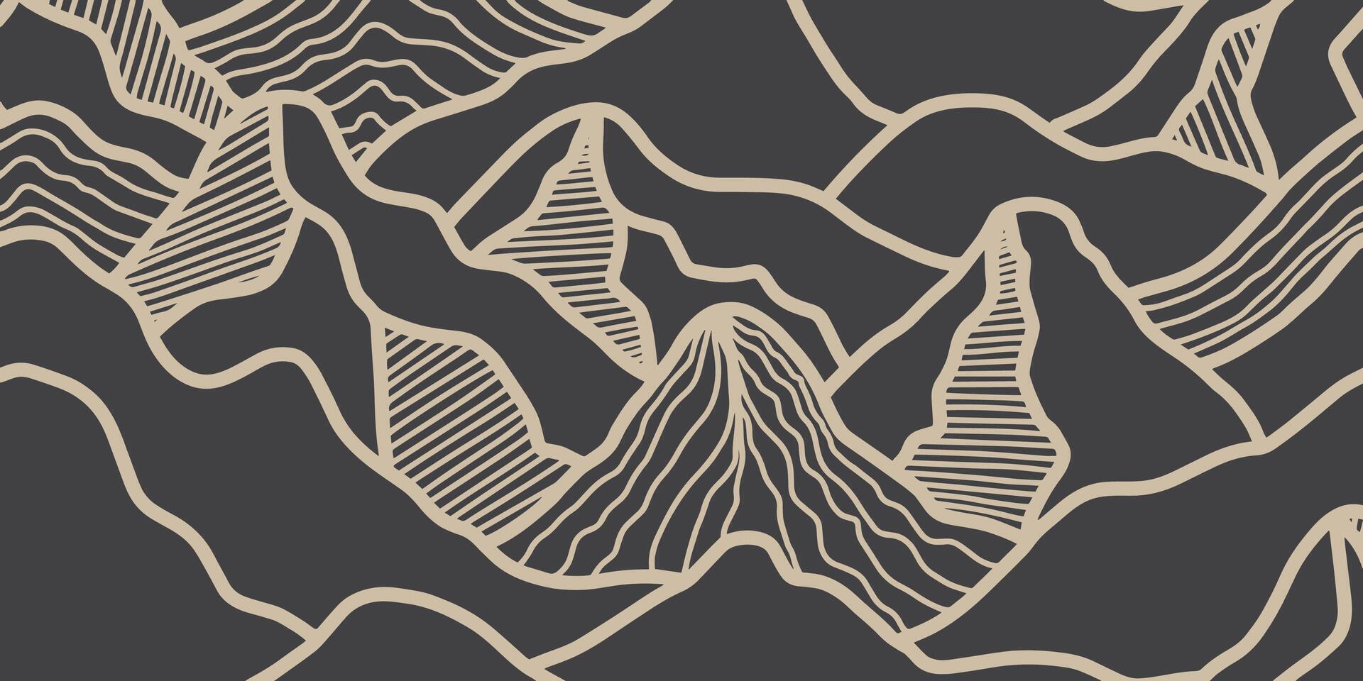 Hand drawn mountain seamless pattern. Japanese background with line wave pattern. Landscape pattern. vector