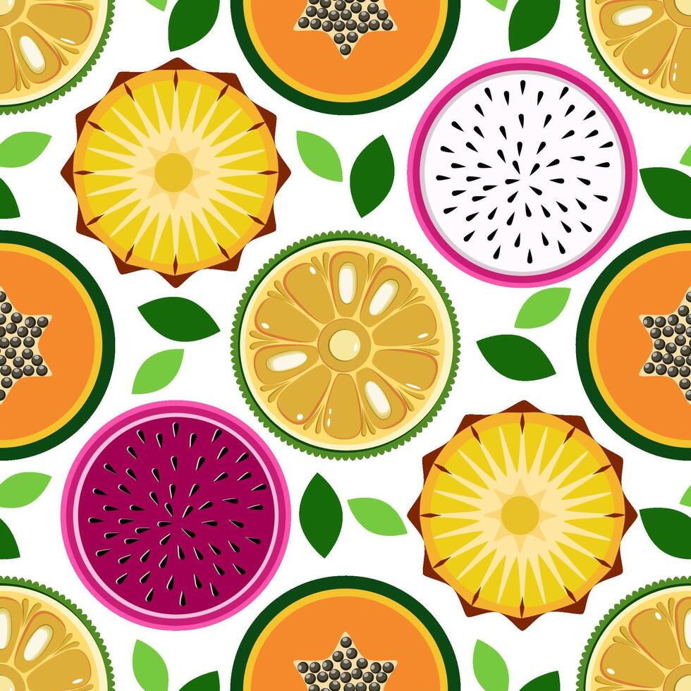Tropical Slices of fruits and leaves exotic seamless pattern vector