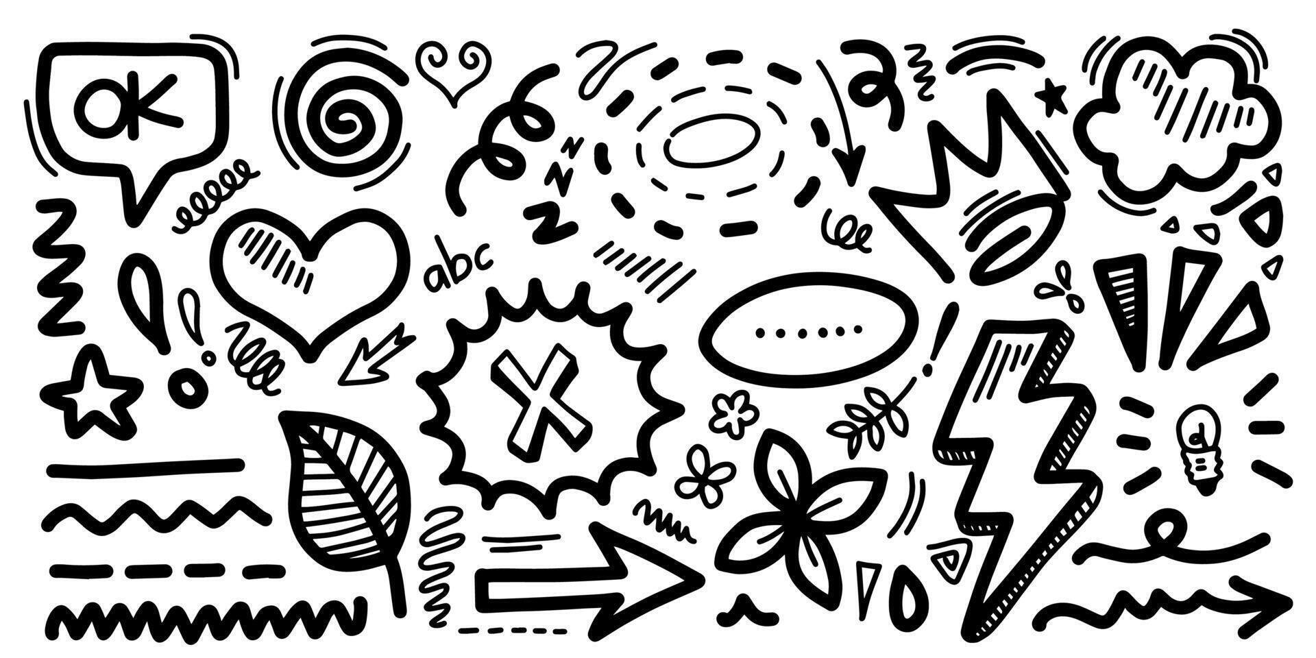 Hand drawn doodle design elements. flower, Arrow, heart, leaves, cloud and other, vector