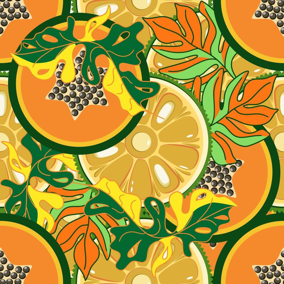 Exotic fruits and tropical leaves seamless pattern vector