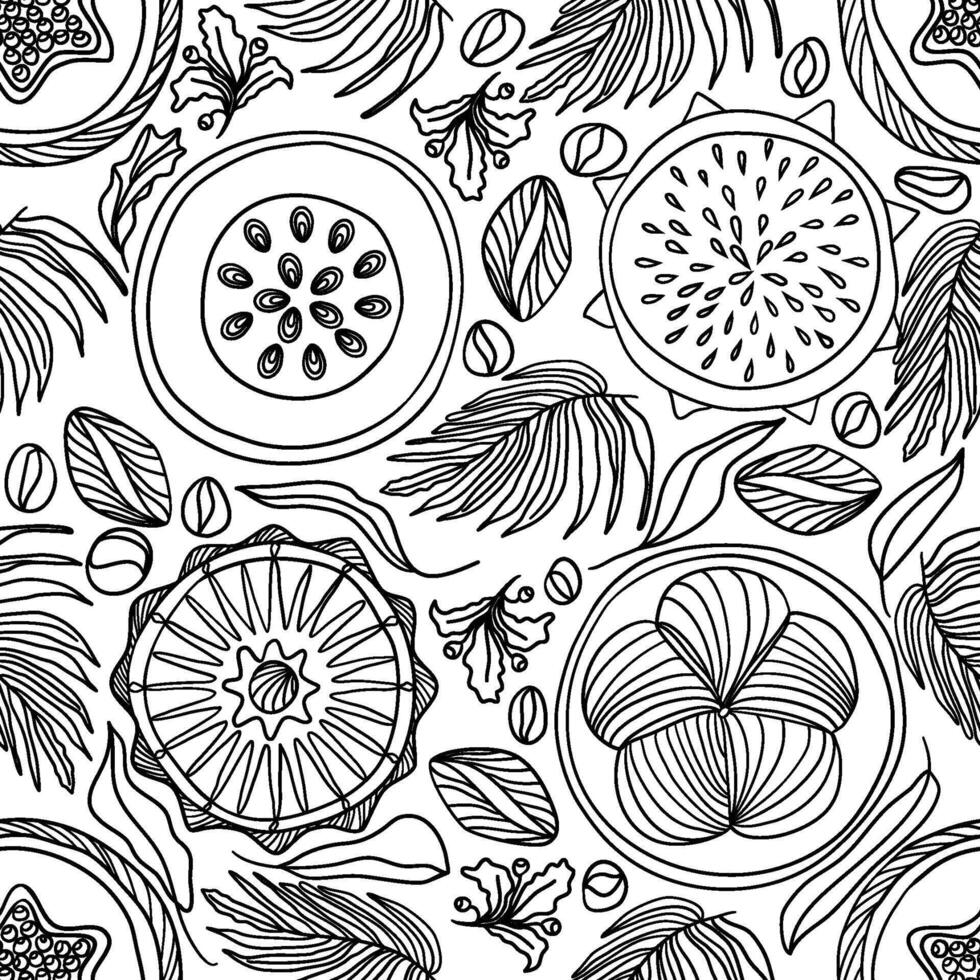 Tropical seamless pattern with fruits and leaves in doodle technique vector