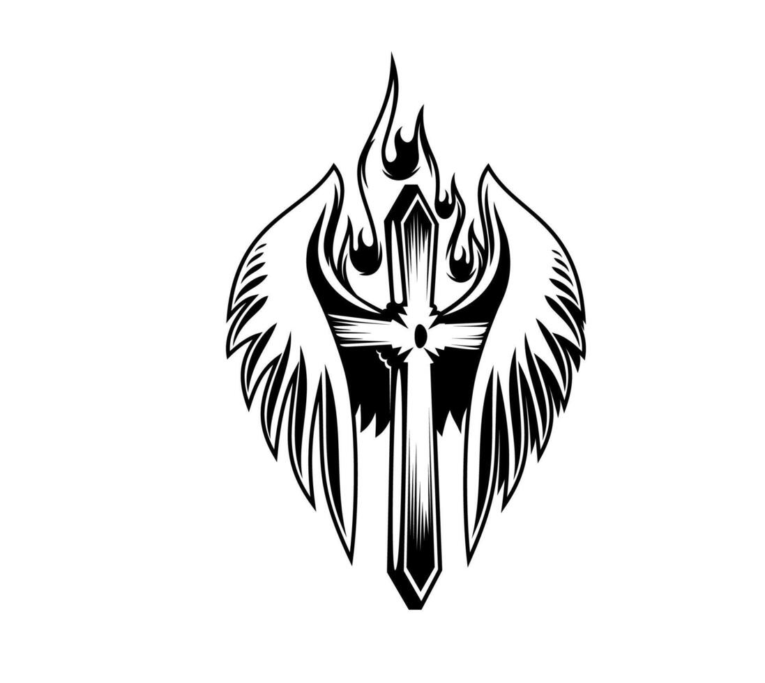 Christianity cross tattoo with fire and wings vector