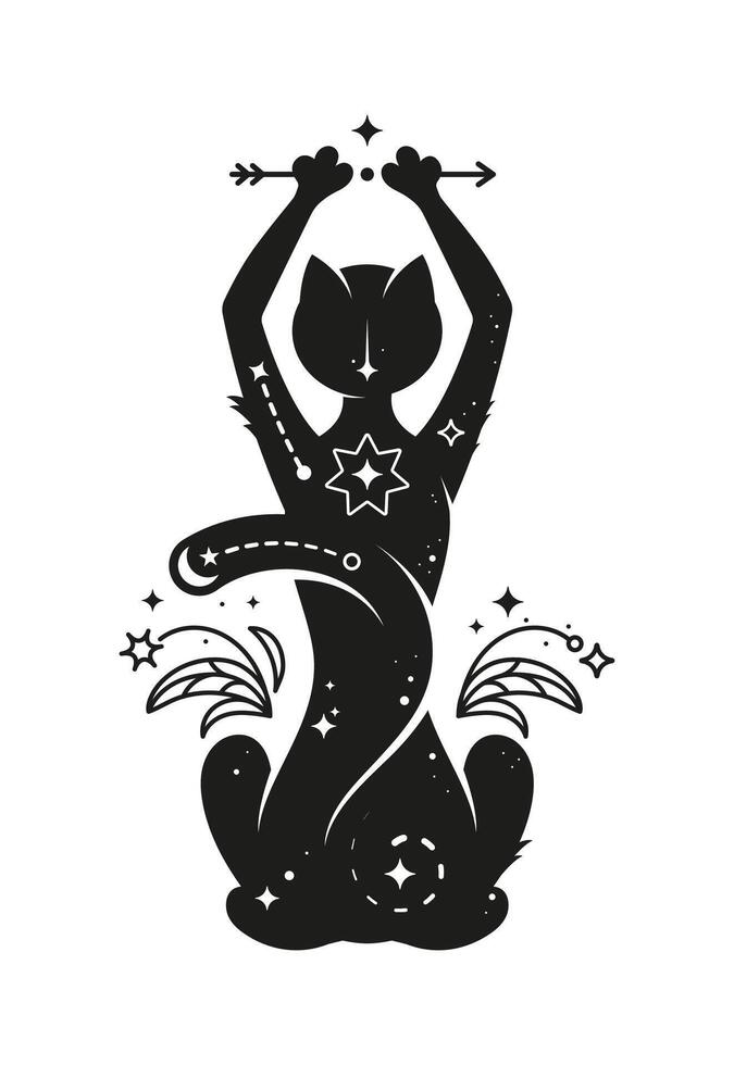 Mystical black cat with magic and esoteric symbols vector
