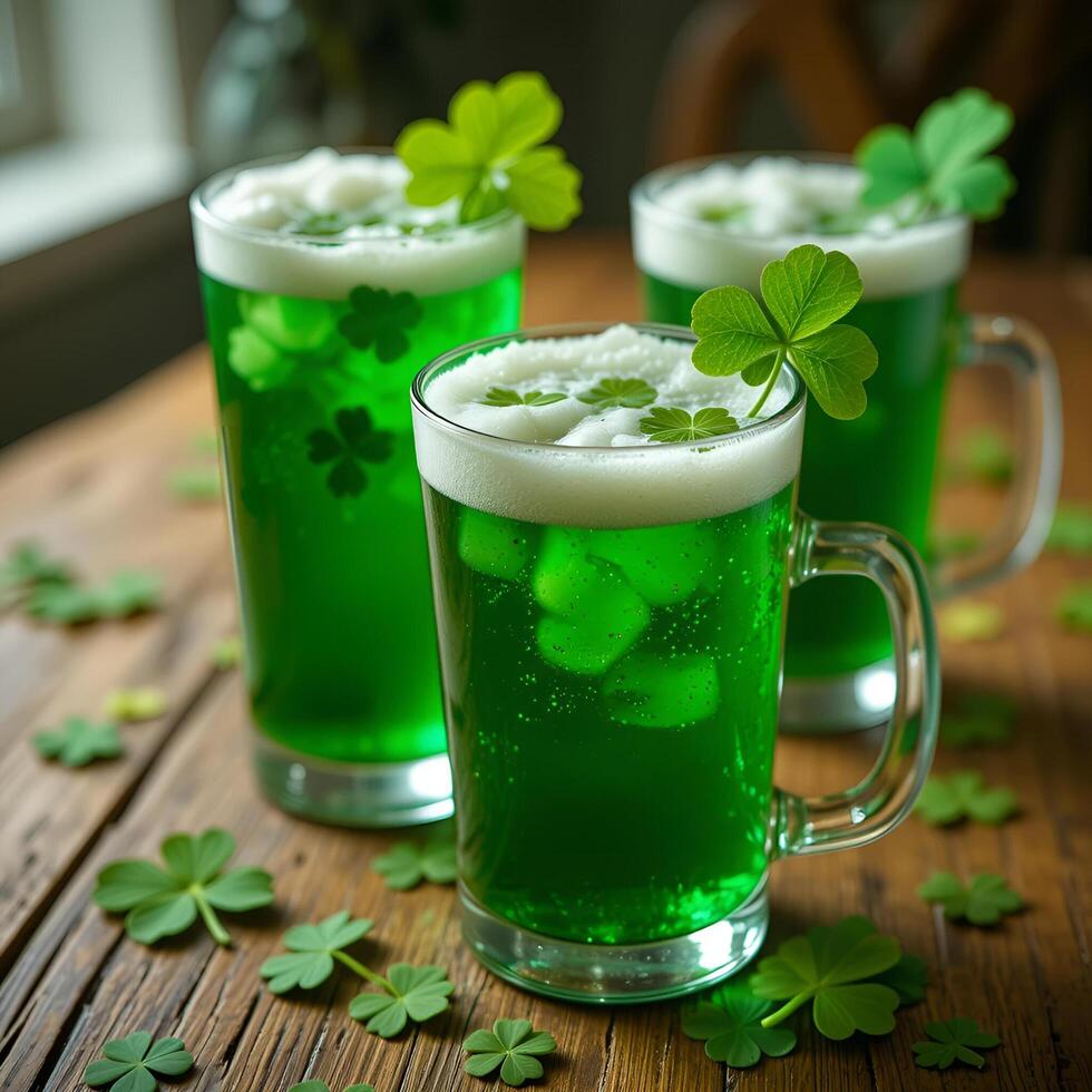 Beer mugs, glasses, glasses with green drink and white foam, decorated with clover leaves. They are standing on a wooden table, leaves are scattered around. festive atmosphere photo