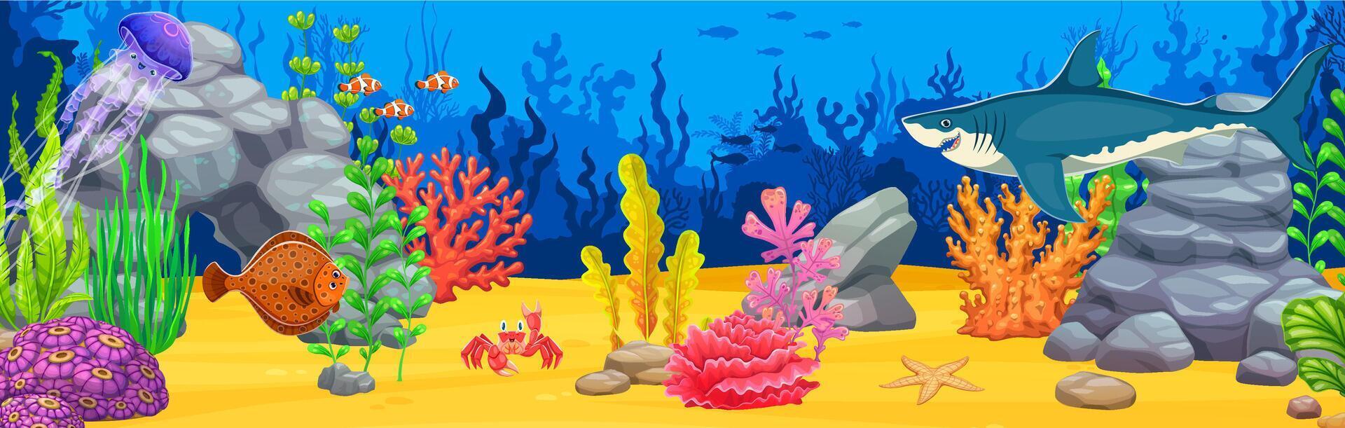 Underwater landscape game background, giant shark vector