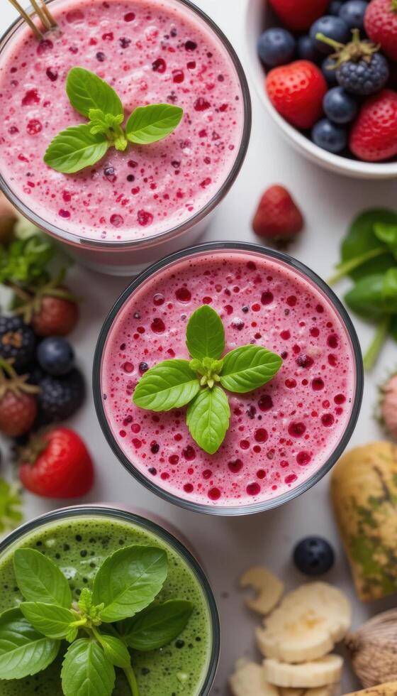 tall glasses with smoothies of different colors, red, brown and green. Each one is decorated with greenery and straws, next to fresh fruits and vegetables, herbs. Everything is on a wooden table photo
