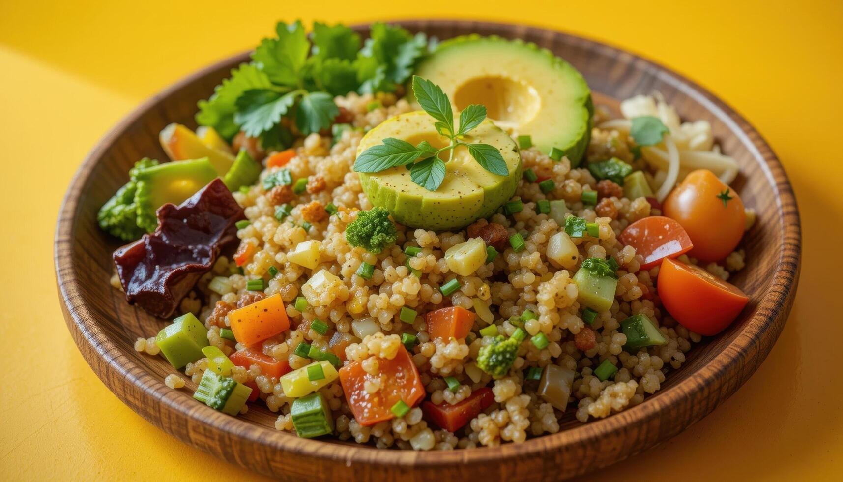 On a yellow background is a wooden bowl with a bright salad of couscous, tomatoes, zucchini, grapes, avocado and halves of boiled egg. Next to it is a bunch of parsley, a fork, and an upside-down jar photo