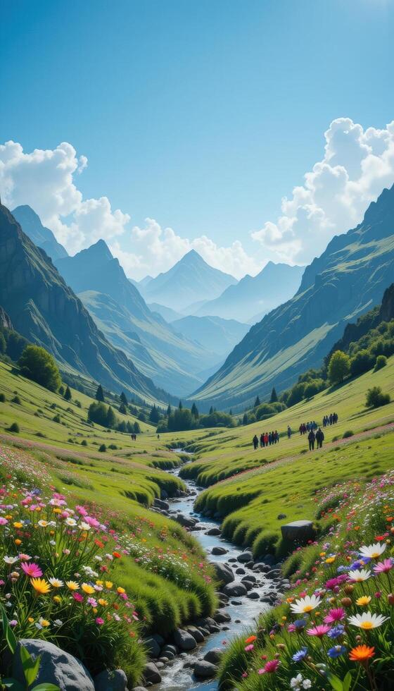A group of people hiking in a picturesque mountain valley with green grasses and wild flowers. Snow-capped peaks can be seen in the distance under a clear blue sky, creating an atmosphere of harmony photo