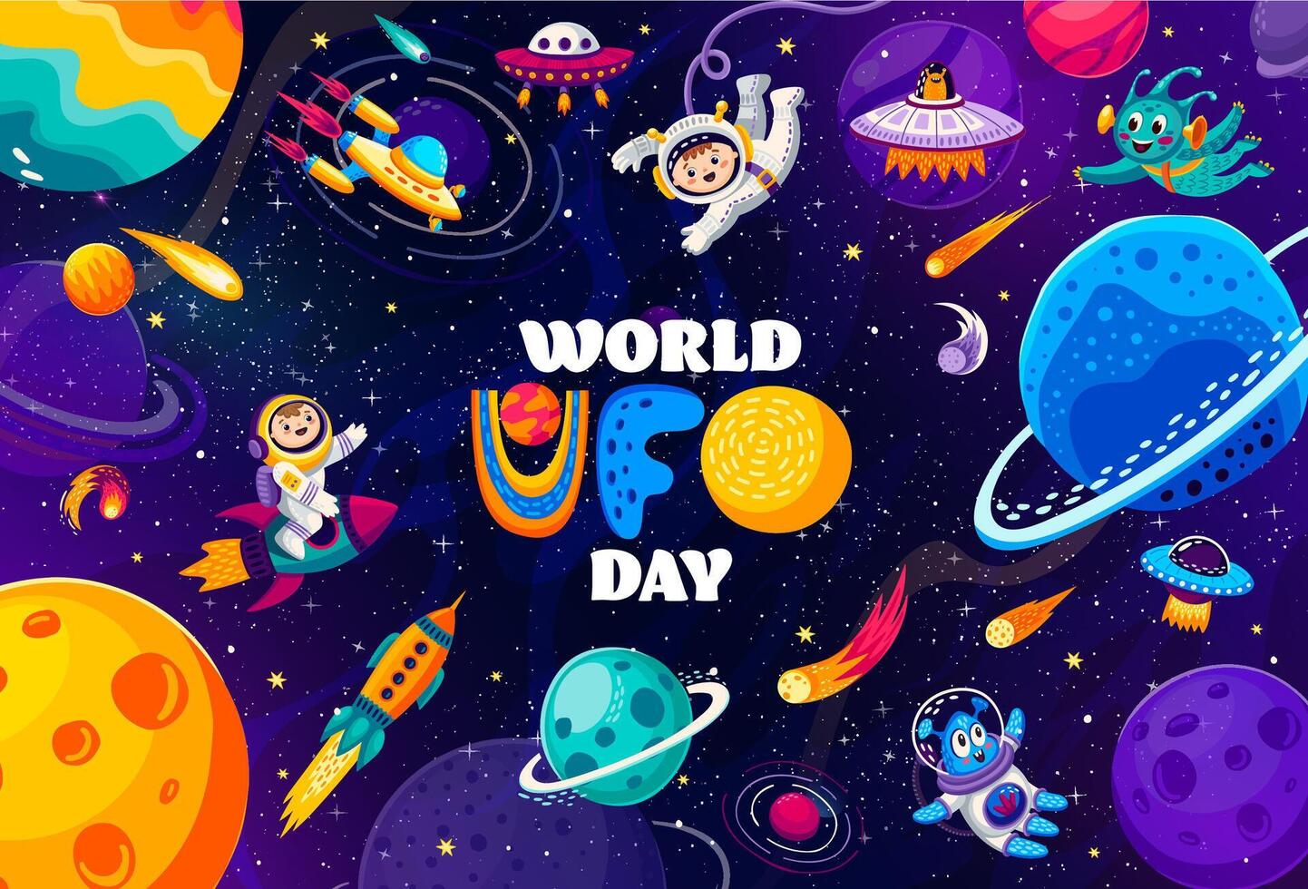 World ufo day banner with saucers and aliens vector