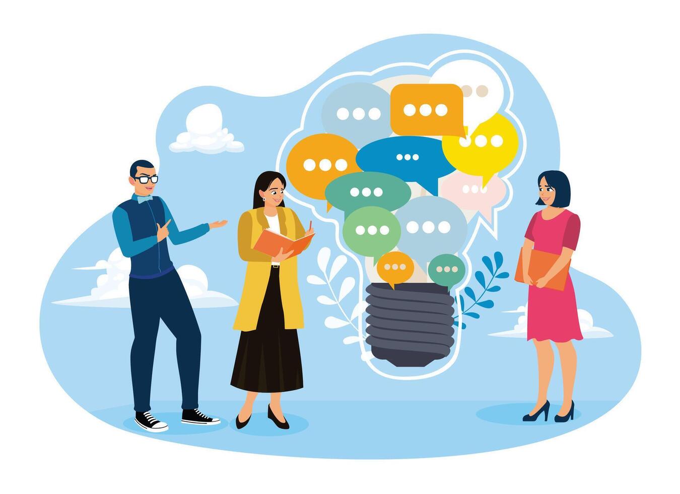 Businessman and businesswoman discuss with light bulb speech bubble. vector