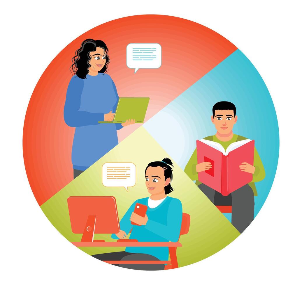 Office worker using a computer, looking at laptop, reading book. Working online vector