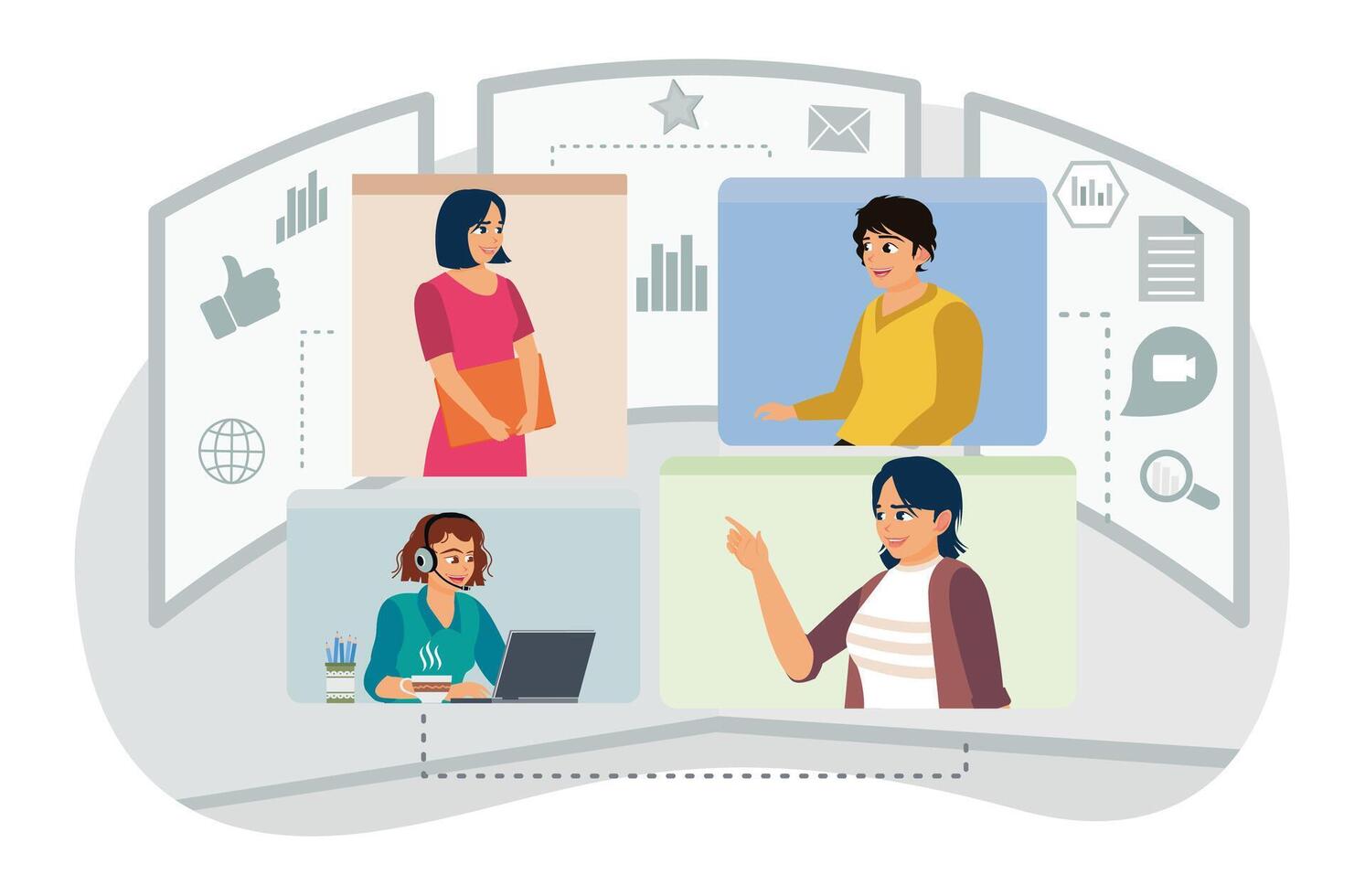 conference call of group meeting using computer chatting with colleagues online. vector