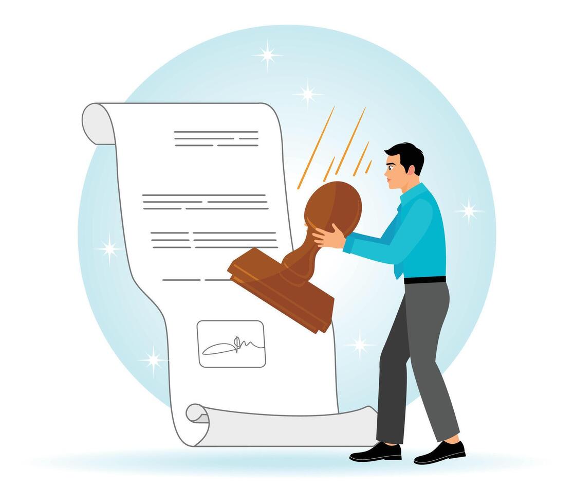 Man worker with blue shirt stamping official agreements at workplace. office worker concept. vector