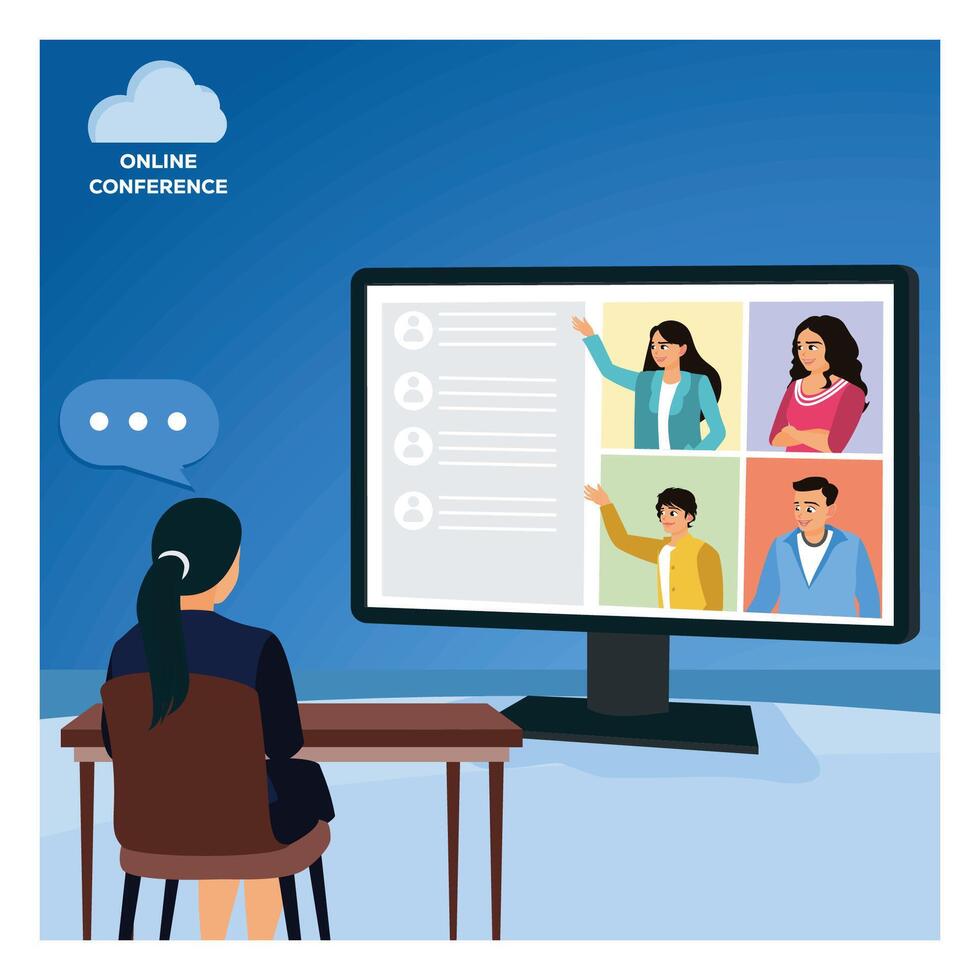 A woman sits at a desk with a computer, having a conference meeting with several colleagues. vector