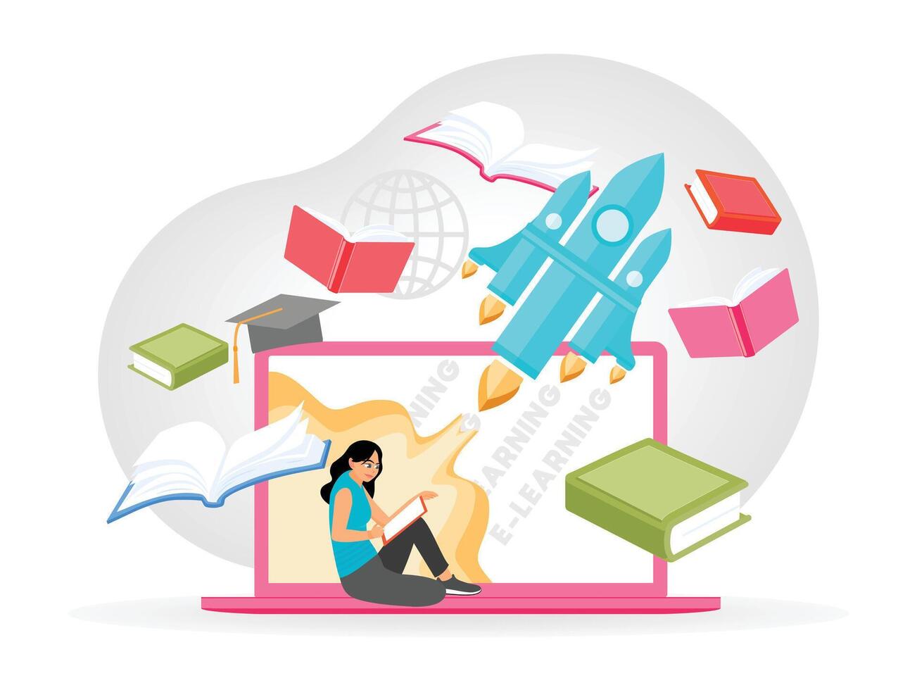 Back to School Concept. Girl with Books and Rocket. vector